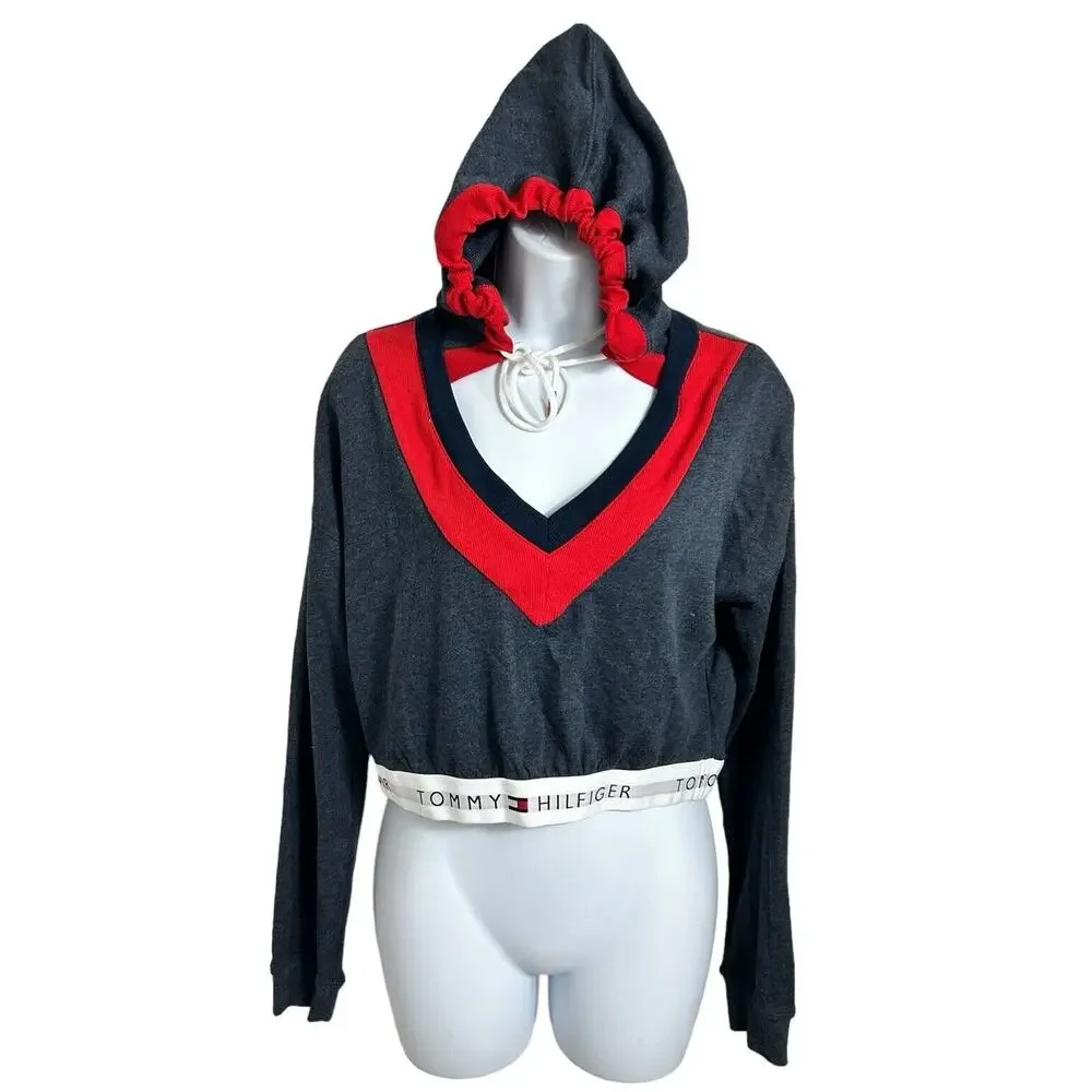 Womens Tommy Hilfiger Retro Cropped Lounge Hoodie Sz Small Sweatshirt V-Neck NEW